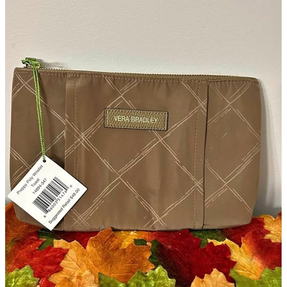NWT Vera Bradley‎ Preppy Poly Wristlet in Toast Brown Pouch Zip